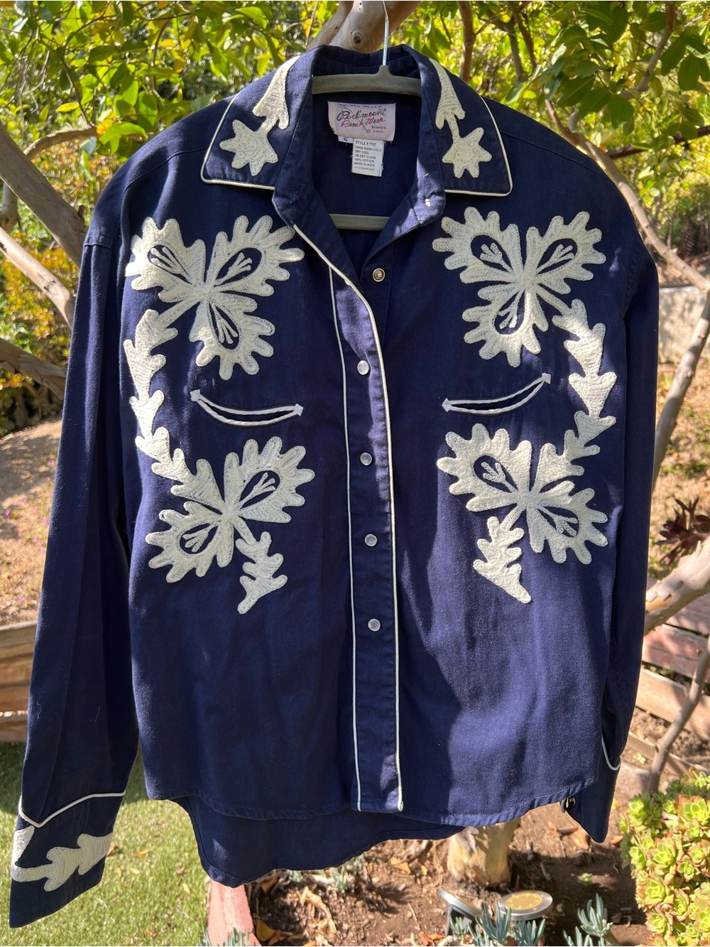 Vintage Navy Western Shirt with Cream Appliqué